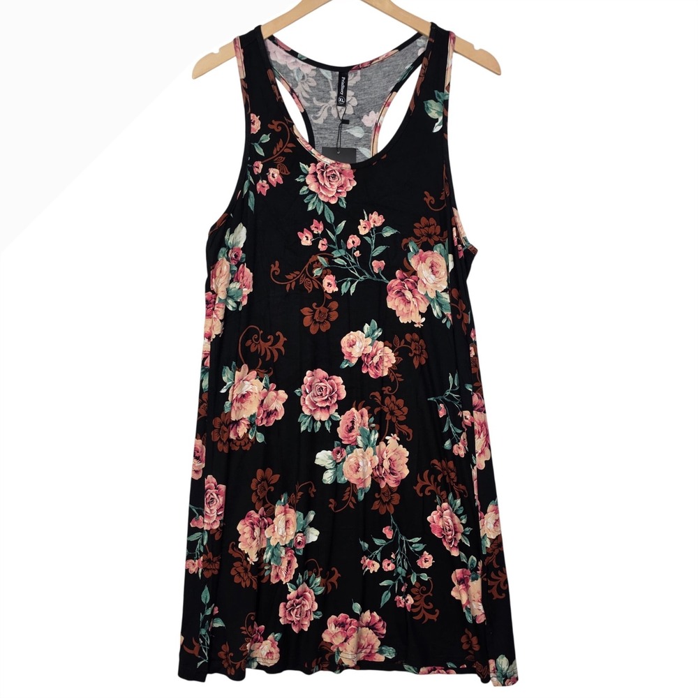 PrinStory Womens Size XL Black Floral Swing Dress Boho Racerback Soft Stretch